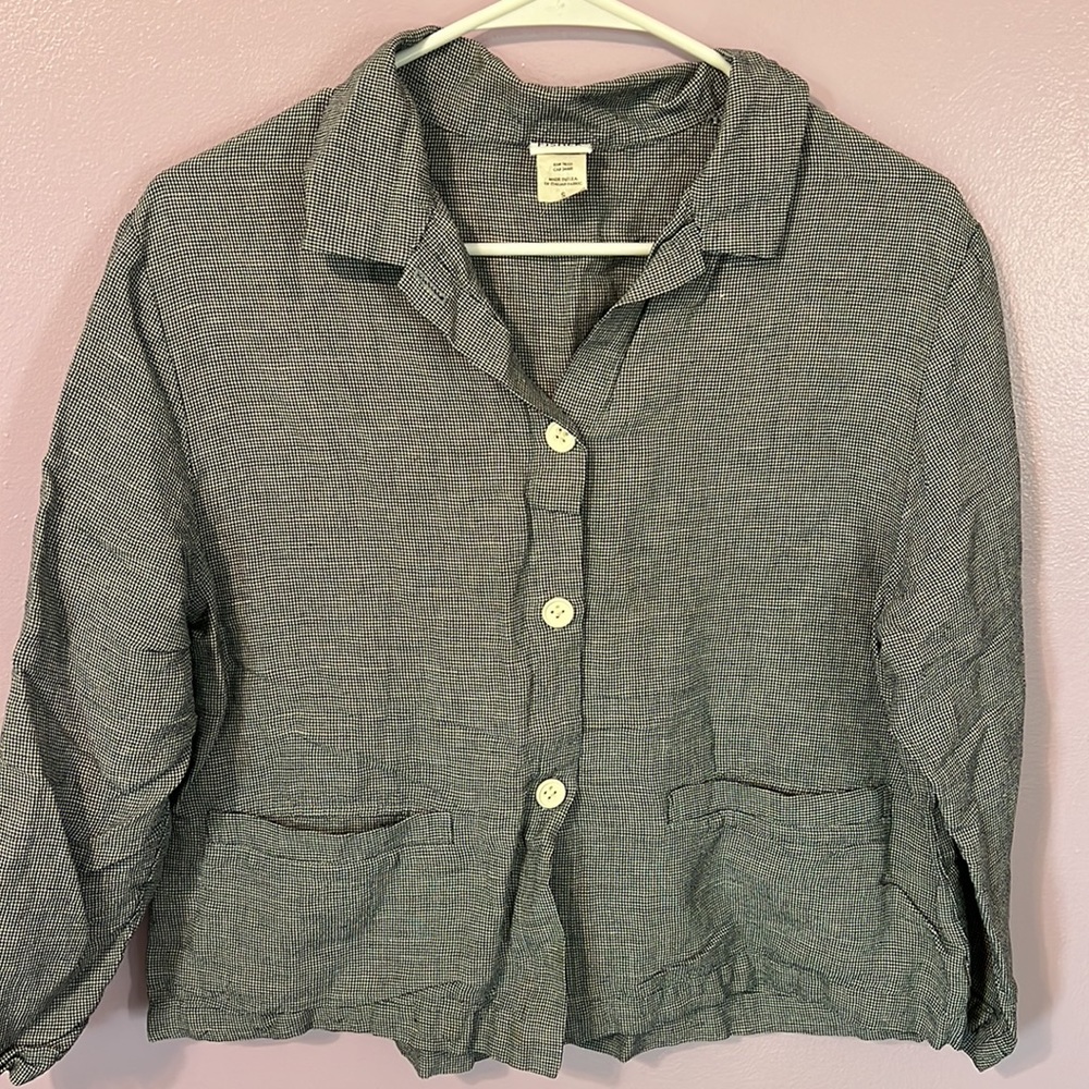 Eileen Fisher Black Patterned Linen Button Up Top - image 7